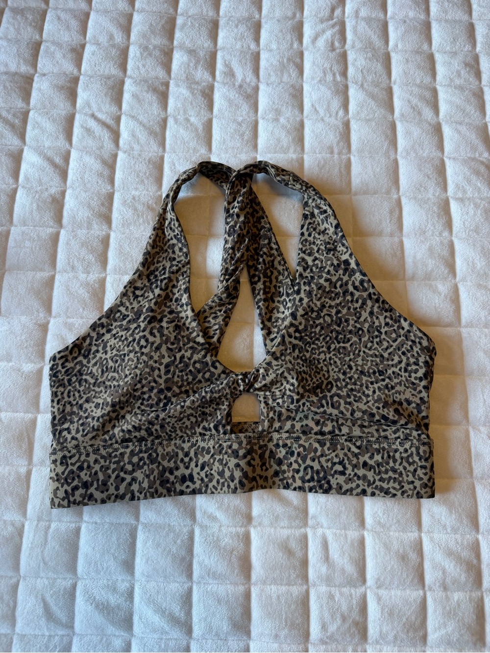 Fabletics Leopard Halter Sports Bra - Taupe and Black
